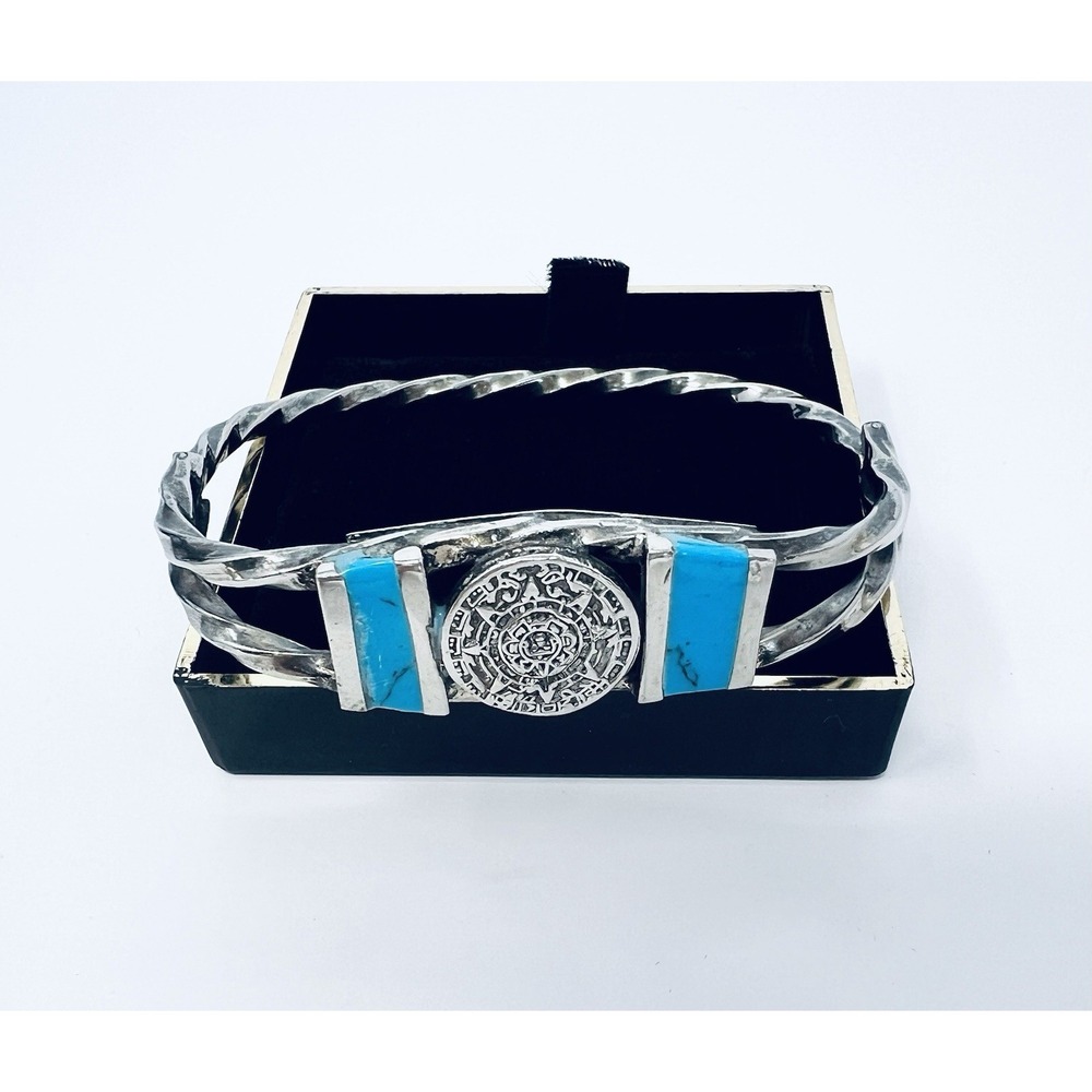Vintage Sterling Silver Aztec Calendar Disc Hinged Bracelet